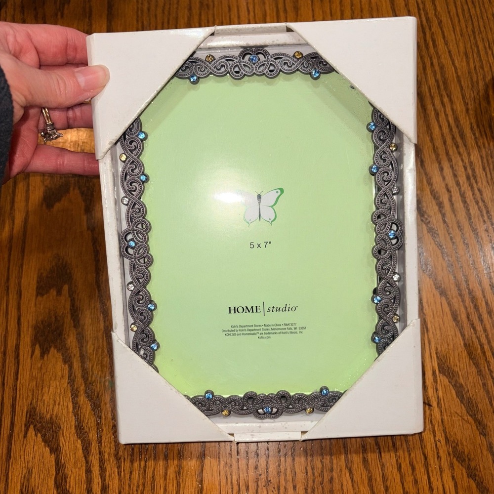 Home Studio 5x7 Jeweled Filigree Picture Frame Silver Pewter Rhinestones
